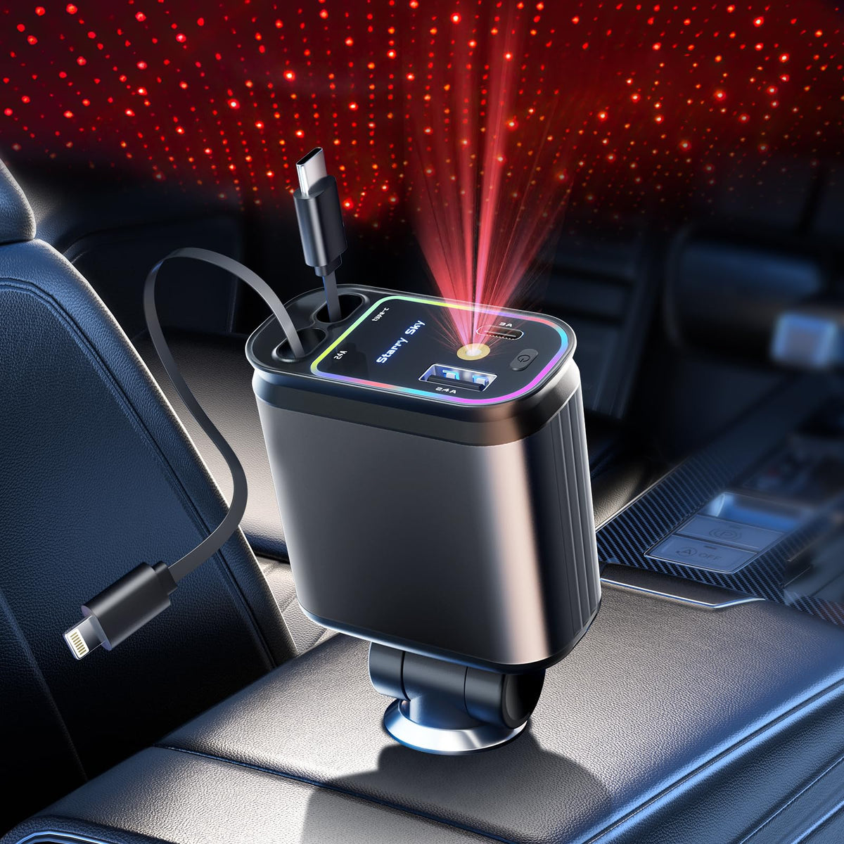 4 in 1 Fast Car Charger with LED Ambient Light, Dual USB Car Charger with starlight | Adnan Tech